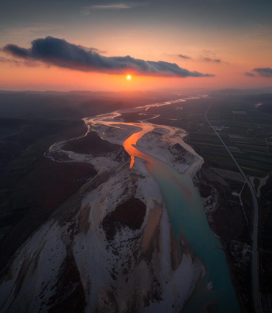 vjosa river in sunset